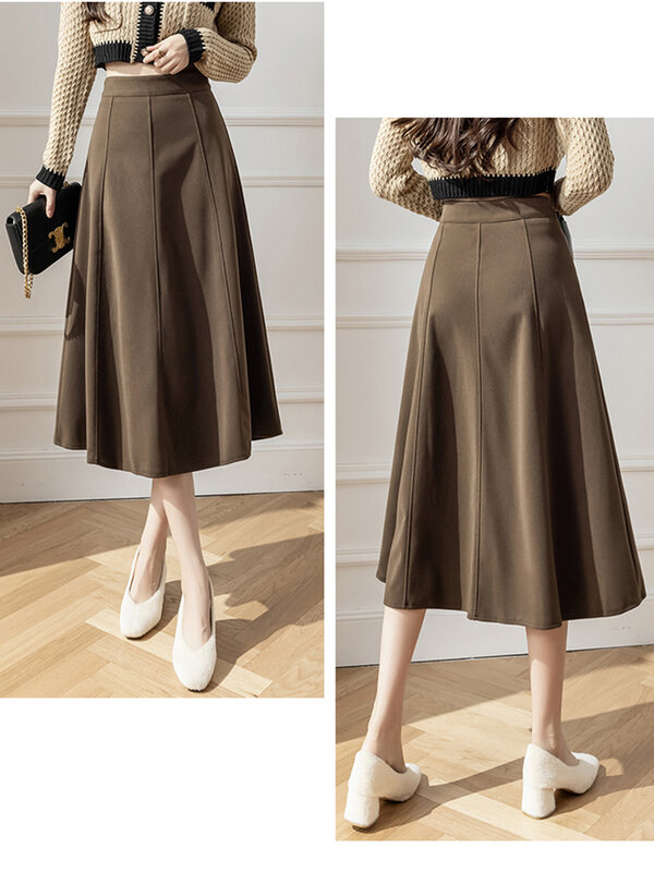 Faldas largas Retro de lana para mujer, faldas largas elegantes de cintura alta, corte en A, holgadas, de retales, color marrón y negro, para invierno, novedad de 2022