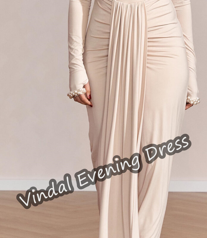 Vestido de noite feminino com decote na colher, sutiã embutido elegante, crepe de sereia da Arábia Saudita, mangas compridas, Vindal, 2024