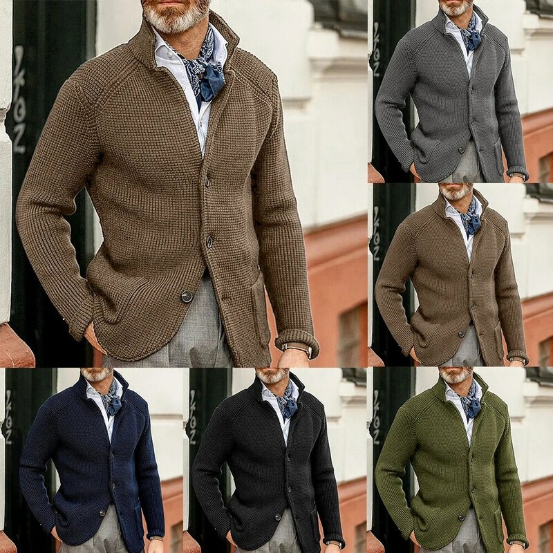 Модный мужской вязаный свитер, куртки, однобортный приталенный жакет с воротником-стойкой, повседневный деловой Блейзер, мужская верхняя одежда, топы