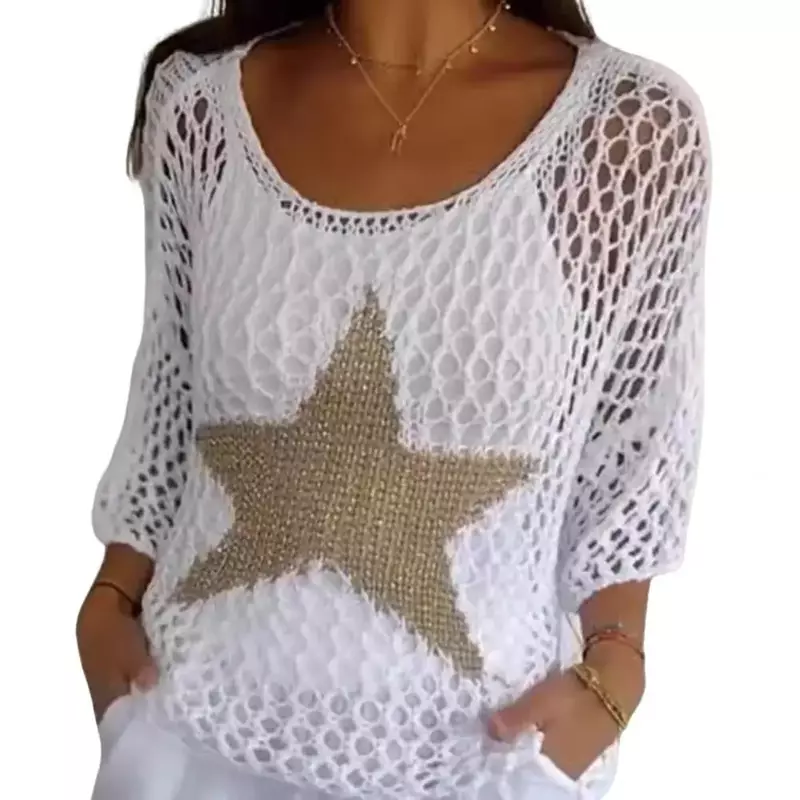 Elegant Women Blouse Crochet Top Star Pattern Mesh 3/4 Sleeves Hollow Out Fishnet Knit Blouse Swimsuit Cover-Up