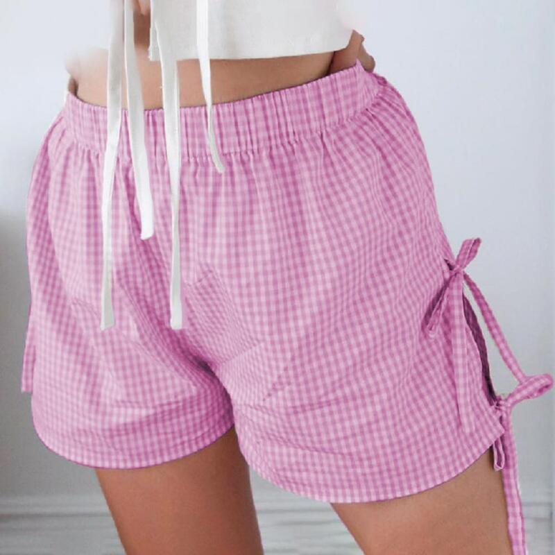 Women Mini Shorts Plaid Print Women's Summer Shorts with High Elastic Waist Lace-up Bow Detail Retro Style Casual Sport Homewear