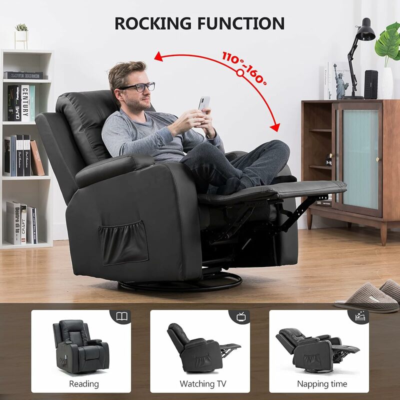 COMHOMA Leather Recliner Chair Rocker with Heated Massage Ergonomic Lounge 360 Degree Swivel Single Sofa Seat Drink Holders