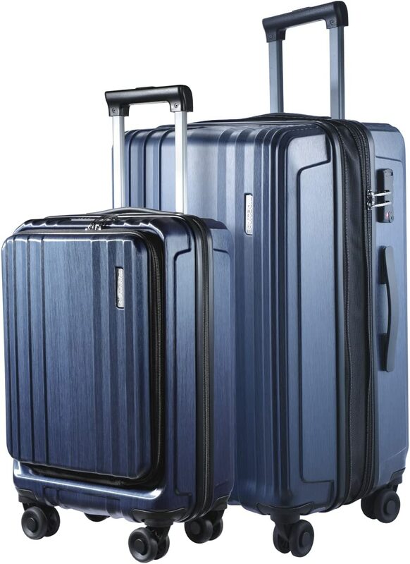 Комплект чемоданов из 2 предметов, передний карман для ноутбука 20/24 дюйма, расширяемый, легкий жесткий корпус из АБС и поликарбоната, Спиннер на колесах, замок TSA YKK на молнии, синий