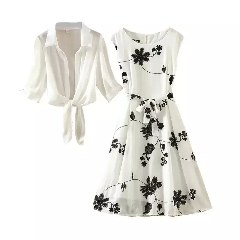 Neue Frauen Bogen Gürtel Vintage eleganten Anzug zweiteiligen Kleid hohe Taille ärmellose schlanke A-Linie Rock Blumen stickerei weißes Top