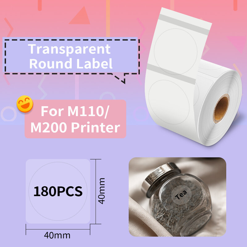 Stiker Bulat Transparan Phomemo 40Mm X 40Mm Kertas Printer Label Termal Lengket untuk M200/M110 Pencetak Label Kecil Perekat Mandiri
