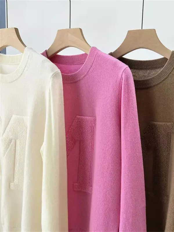 Jersey de punto de Cachemira para mujer, suéter de manga larga con cuello redondo, patrón de letras de Color sólido, Simple, nuevo, otoño e invierno, 100%