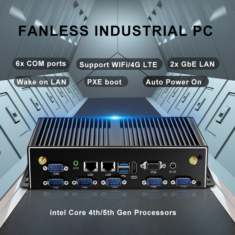 Fanless Industrial Mini PC 4G/5th Intel Core i7-4500U/5500U 6x COM 2x LAN mendukung WiFi modul 4G Slot SIM Ubuntu Windows