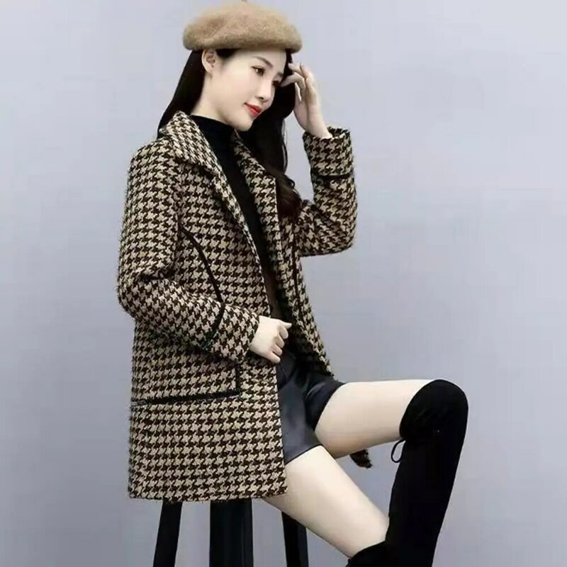 Mantel panjang musim dingin wanita, mantel motif Herringbone lengan panjang dengan kerah lipat tebal hangat setengah panjang untuk musim gugur