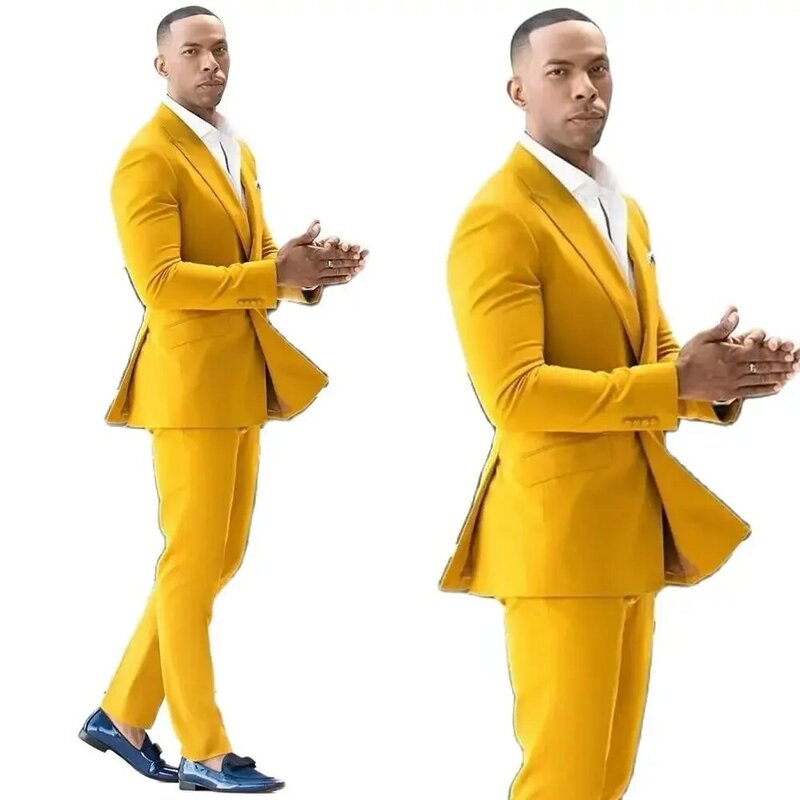 2024 Fashion Yellow Casual Men Suit High Street Slim Fit Blazer Hombre Prom Party High Quality Custom 2 Piece Set Costume Homme