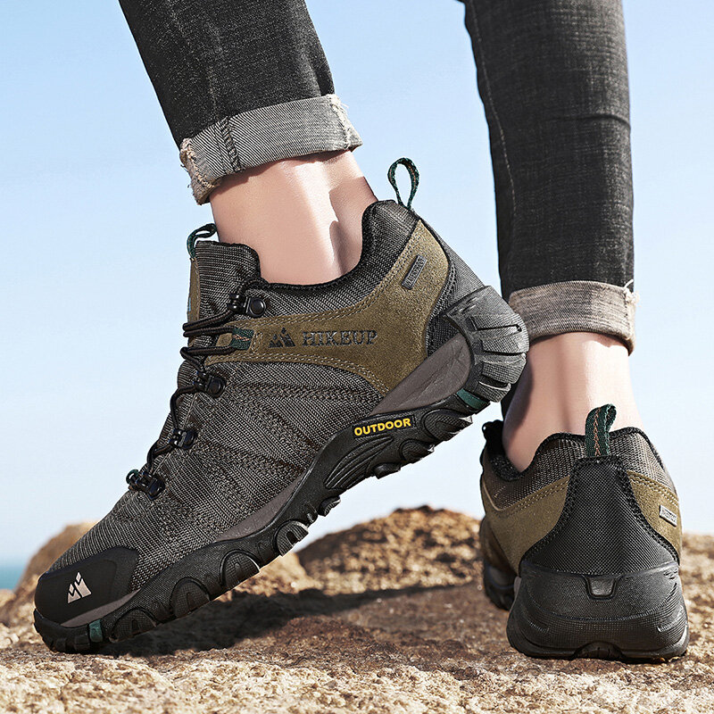 HIKEUP-zapatos de senderismo de malla para hombre, zapatillas antideslizantes transpirables para exteriores, escalada en roca, botas de caza, cuero de ante