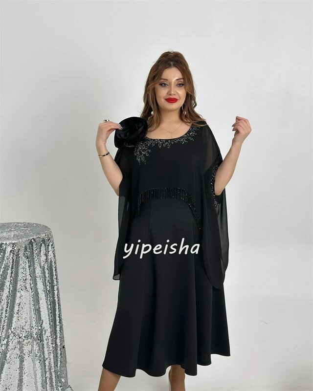 Jersey Sequined Beading Ruched Formal Evening A-line O-Neck Bespoke Occasion Gown Midi Dresses