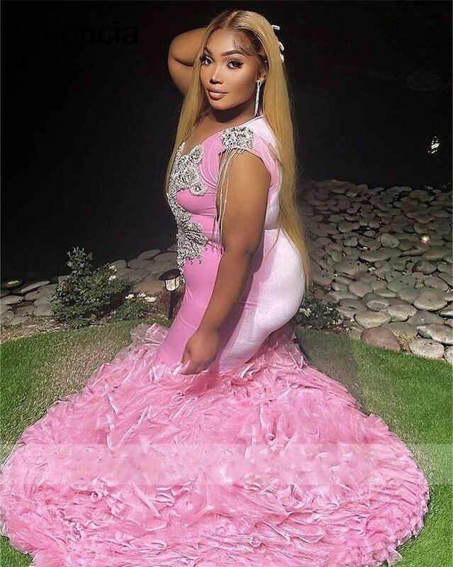 Lorencia Pink Mermaid Prom Dress For Black Girls Beaded Crystal Rhinetones Ruffles Birthday Party Gowns Robe De Soiree YPD76