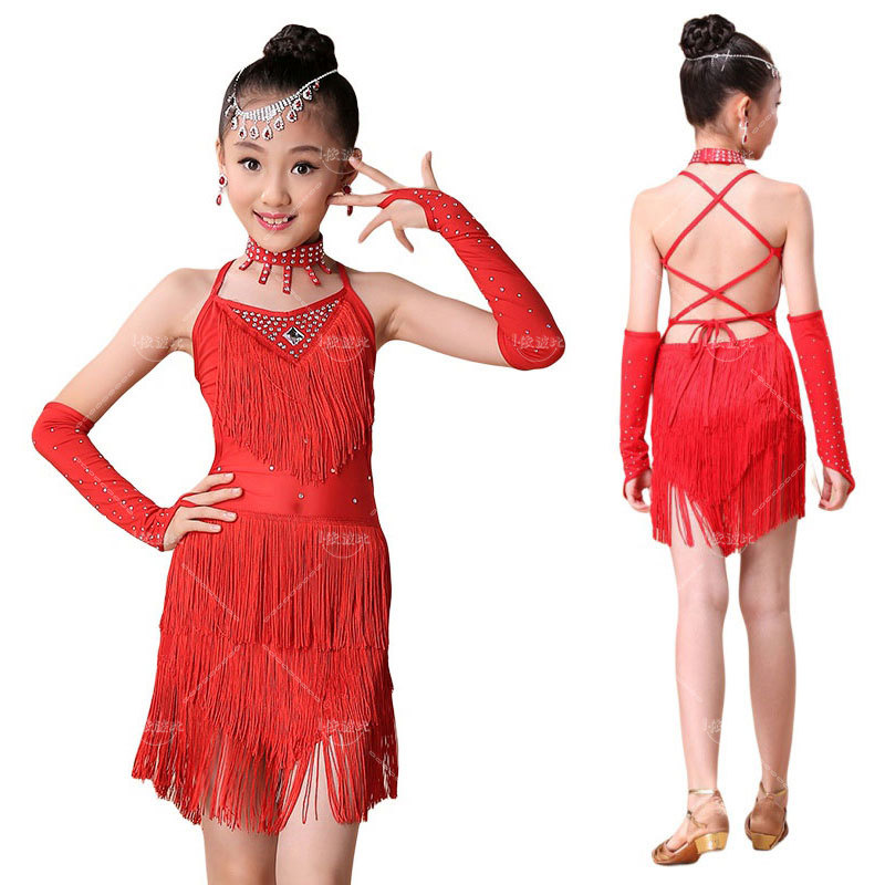 Children Latin Dress Girl Tassel Sequin Latin Dance Dress for Girls Performance Dancing Costumes Red Fringe Dance Costume