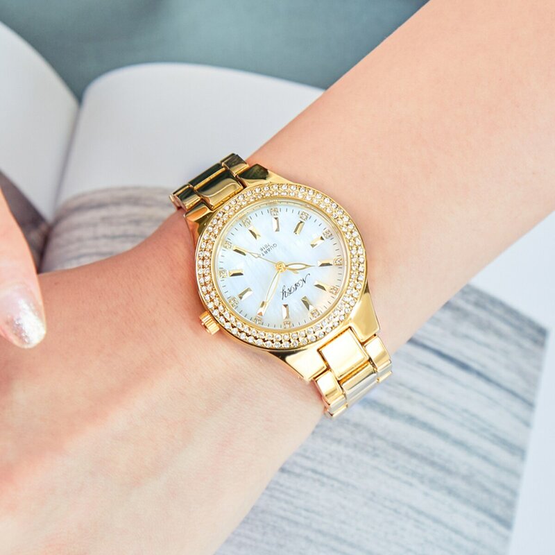 Women's Elegant Casual Goldn Watch Crystal Diamond Inlaid Watch Stainless Steel Silver Waterproof Quartz Watch