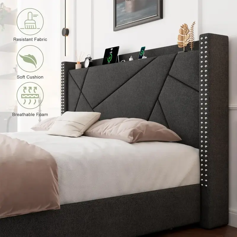 Extra large platform bed frame with 4 storage drawers, padded bed frame with charging station and wing back headboard
