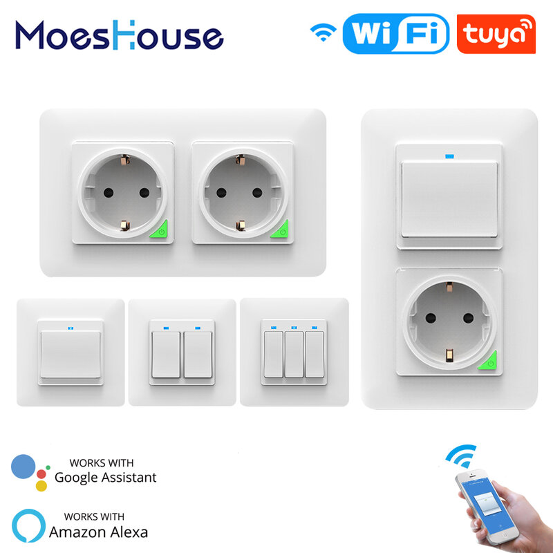 Interruptor de pared y enchufe inteligente con Wifi para el hogar, Pulsador y toma de corriente inteligente para control remoto, para Smart Life, Tuya, Alexa y Google Home