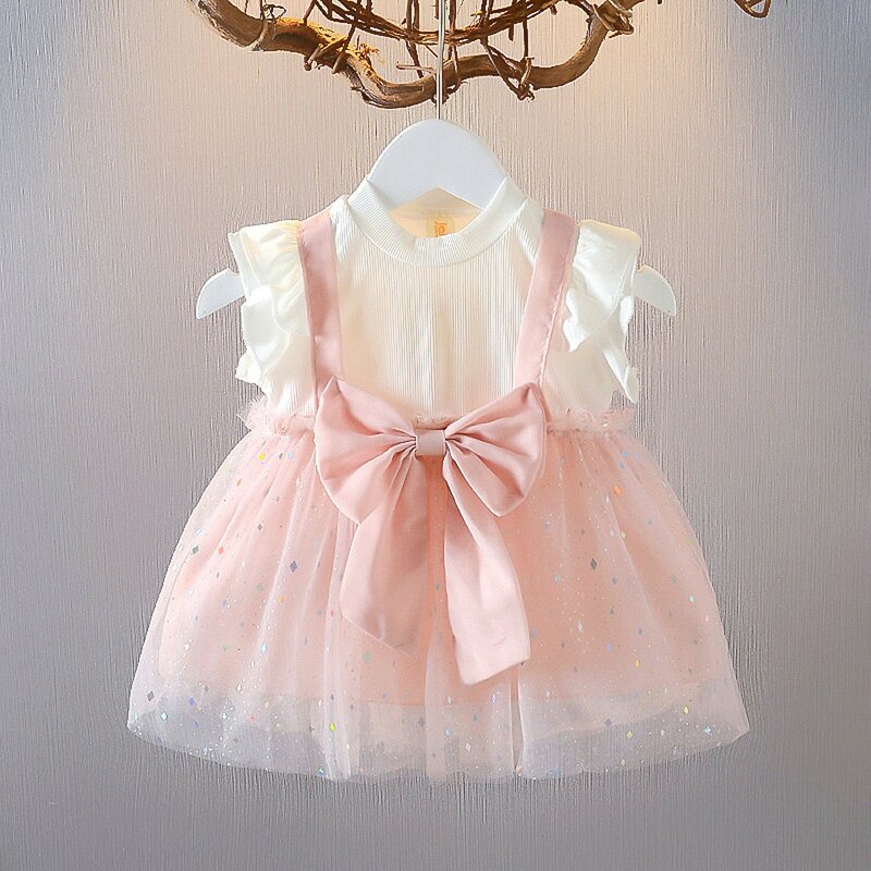 Модное винтажное платье принцессы для девочек, Тюлевое детское платье с рукавами-фонариками и большим розовым бантом, свадебное платье-пачка для дня рождения, детская одежда