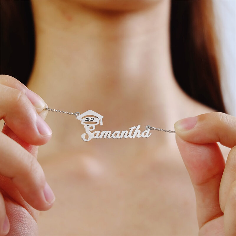 Nome personalizado colares de aço inoxidável dos homens das mulheres personalizar boné de solteiro em forma de placa de identificação colar pingente graduação jóias presente