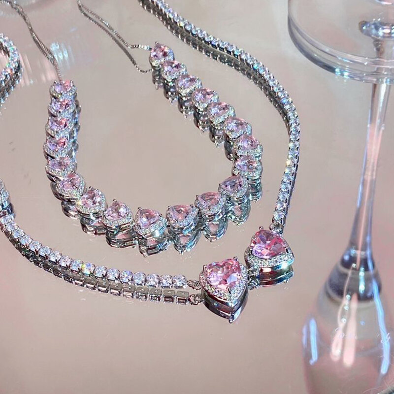 UILZ Women Pink Heart Zircon Charm Necklace Girls Elegant Crystal Pendant Necklace Neck Accessory Gifts