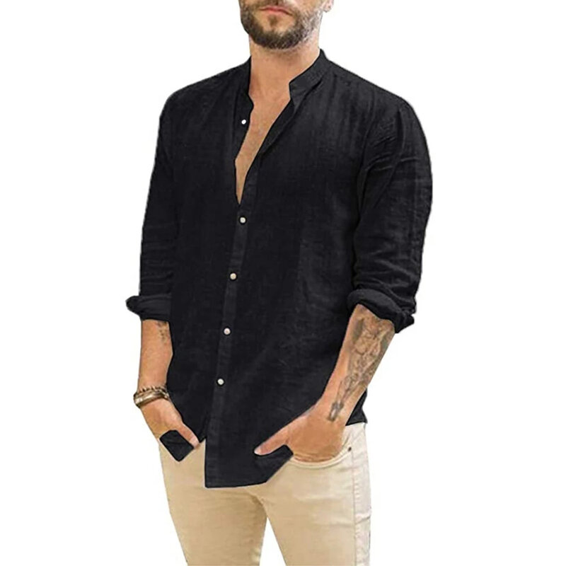 Camisas masculinas de linho de algodão de manga comprida, monocromáticas, gola alta, casual estilo praia, plus size, verão, venda quente