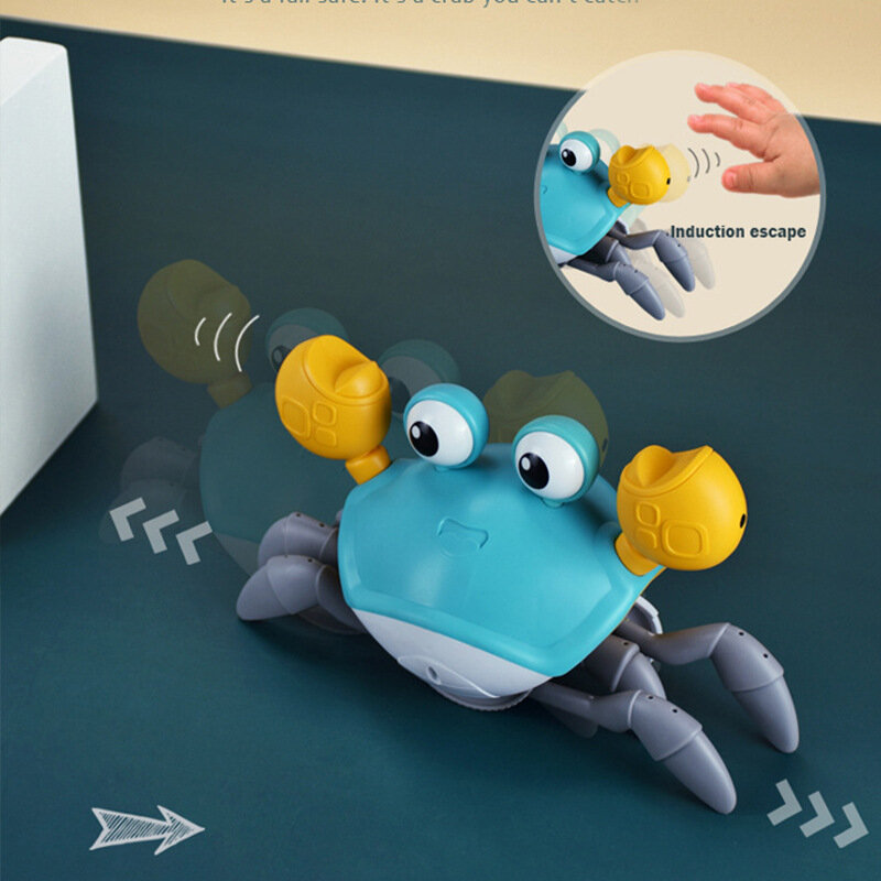 Mainan bayi merangkak kepiting hadiah mainan waktu perut bayi mainan musik interaktif dengan otomatis menghindari hambatan mainan bergerak menyenangkan