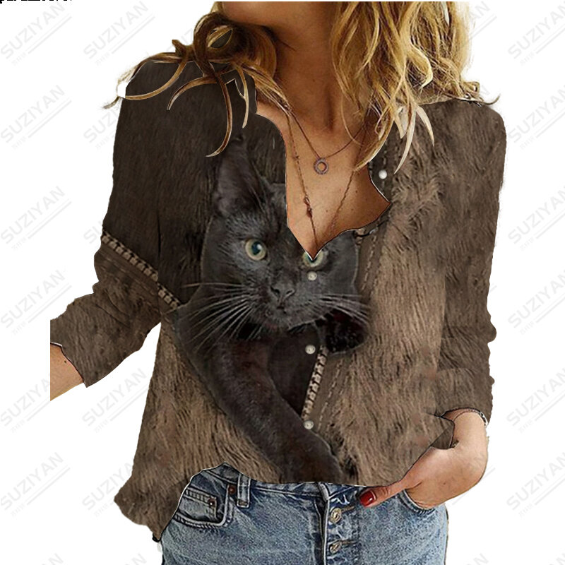 2023 Women's Spring/Summer New Long Sleeve Shirt Cute Cat 3D Print Hot Selling Women's Polo Button Casual Commuter Style Top