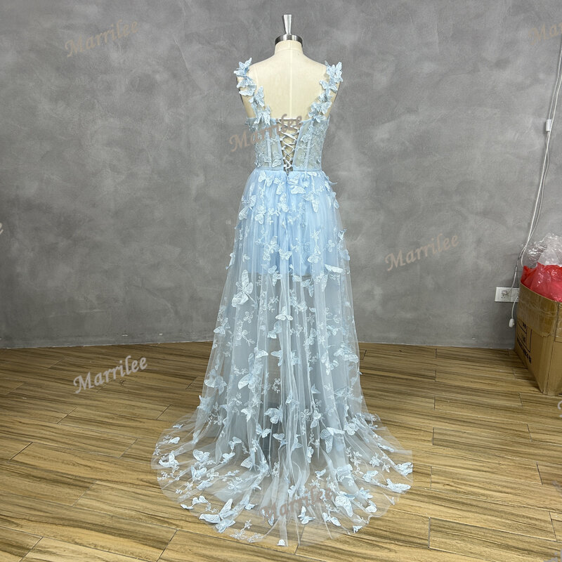 Marrilee Princess Lace Applique 3D Flower Tulle Evening Dress Spaghetti Straps Sweetheart A-Line High Side Slit Prom Gowns 2024