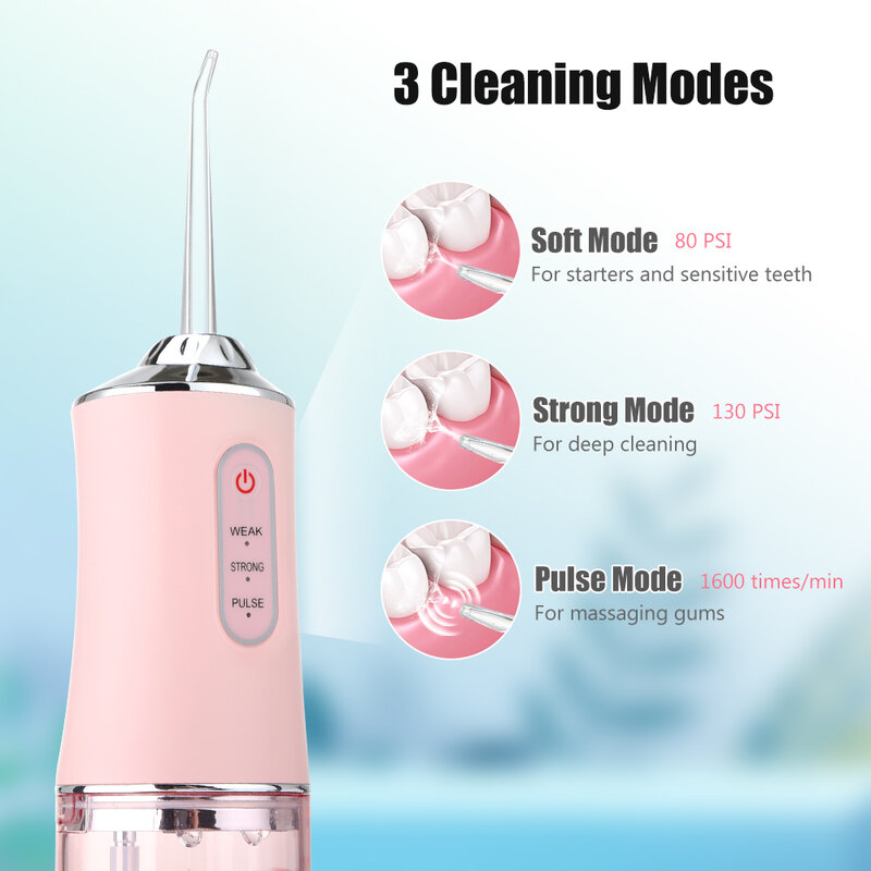 Lavadora bucal potente irrigador portátil, chorro de agua Dental, 3 modos, recargable por USB, 4 chorros para limpieza de dientes, salud