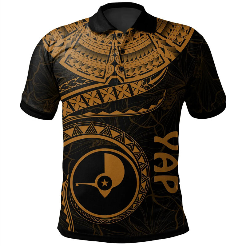 Camisa polo de botão havaiano impressa em 3D masculina, padrão polinésio Yap, rua casual solta manga curta tops, T