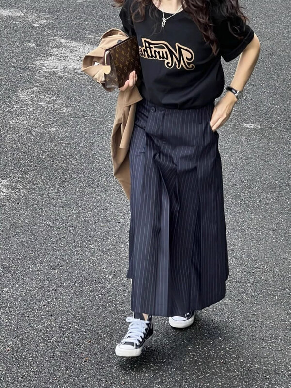 ストライプのフレアスカート,ハイウエスト,非対称のスカート,女性用,対照的な色,ストリートウェア,ファッションデザイン,2023