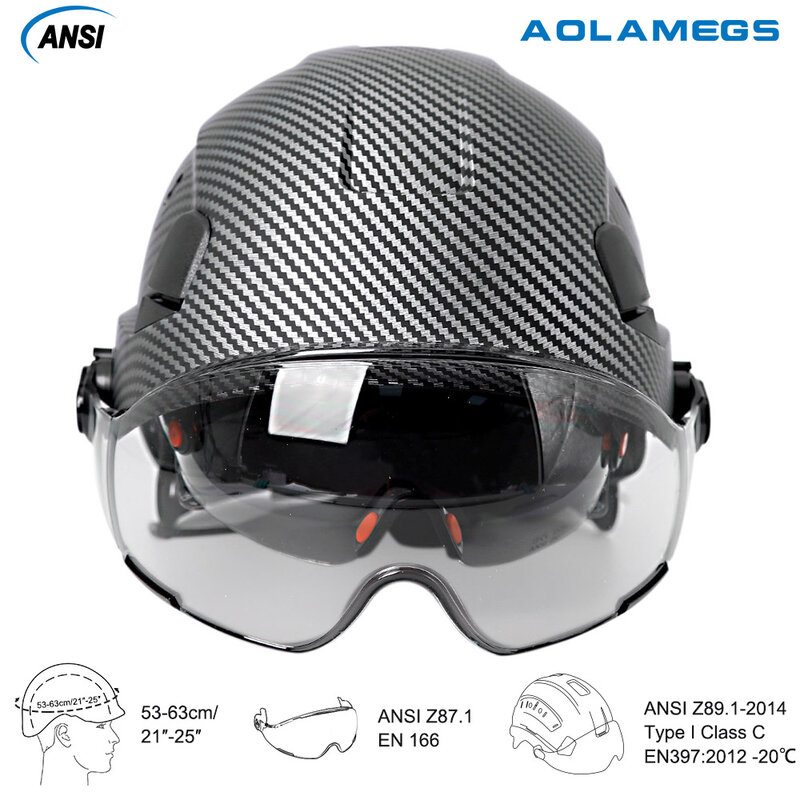 หมวกนิรภัยคาร์บอนไฟเบอร์มีกระบังหน้าคู่สำหรับวิศวกรหมวกแข็ง CE ANSI ABS หมวกสำหรับงานอุตสาหกรรม