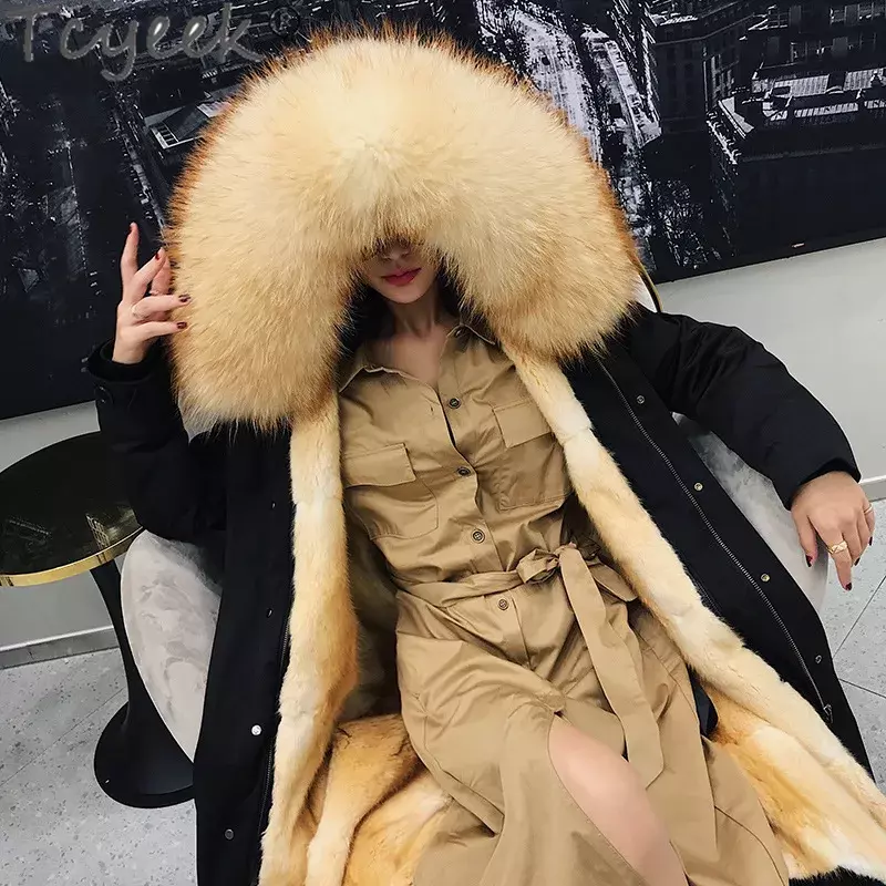 Tcyeek Fashion Real Fur Parka Winter Jacket Women Clothing Elegant Hooded Mink Fur Liner Jackets Female Warm Raccoon Fur Collar