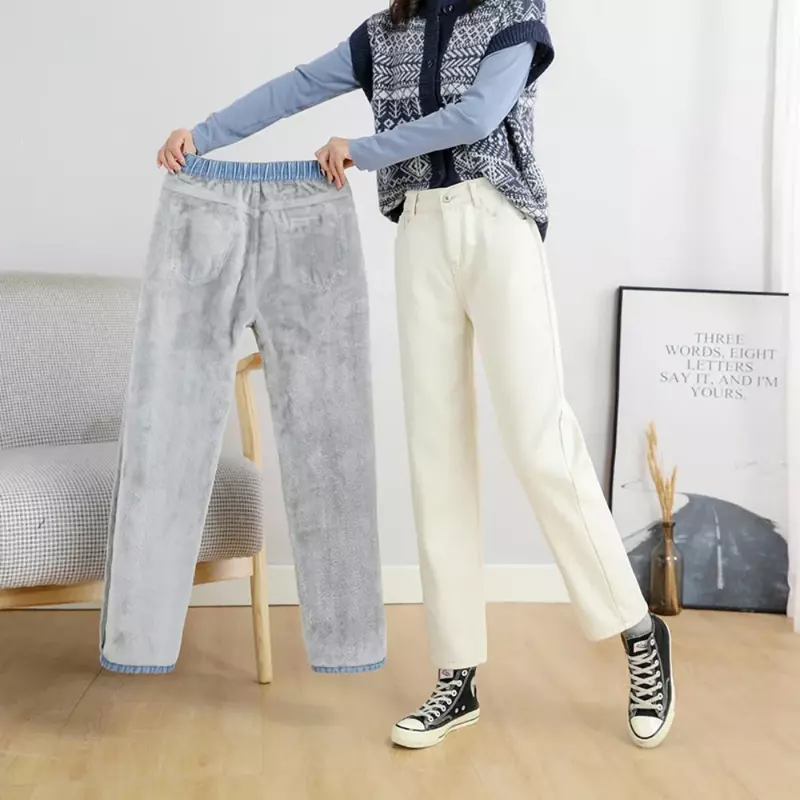2023 зимние плотные флисовые теплые свободные прямые брюки для мам джинсы для женщин с высокой талией Повседневная Уличная одежда женские синие джинсовые брюки одежда