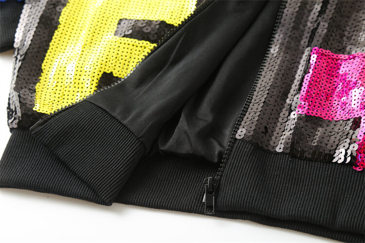 Куртка женская прямая с длинным рукавом, уличная одежда в стиле пэчворк, с блестками, с круглым вырезом, с мультяшными надписями, в стиле хип-хоп, осень