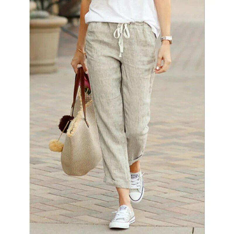 Pantalones De lino y algodón con cintura ajustable para Mujer, ropa De verano