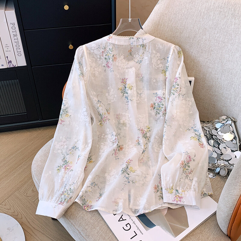 중국 스타일 꽃 자수 단추 업 레이스 패치워크 셔츠, 부드러운 분위기, 얇은 스타일 셔츠, 2024 여름 신상
