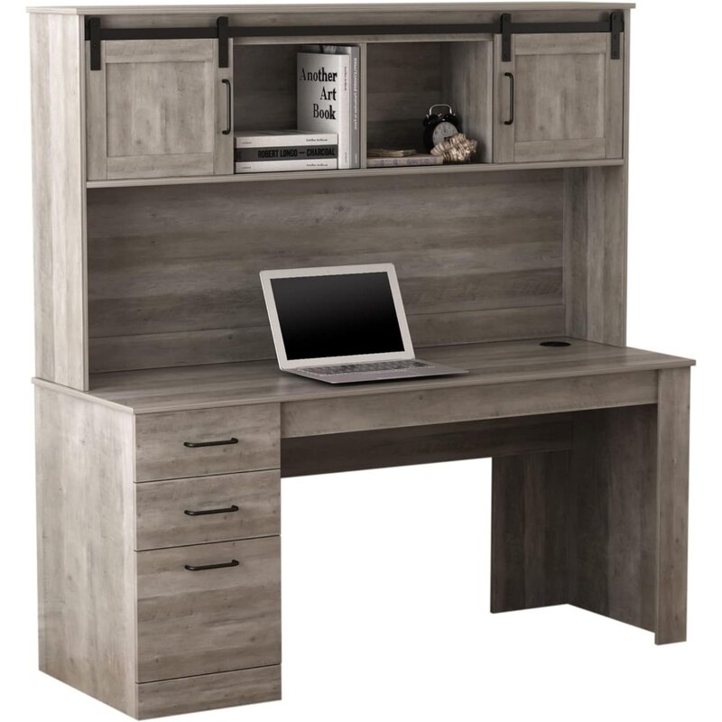 Peakwood-escritorio para ordenador de 65 "W, con Hutch y carga inalámbrica, color marrón ahumado