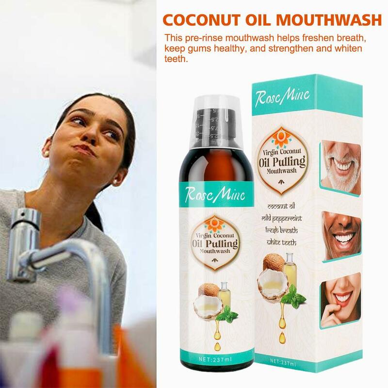 Enxaguante bucal com óleo de coco, Ajuda com hálito fresco, Clareamento dentário e saúde, 237ml