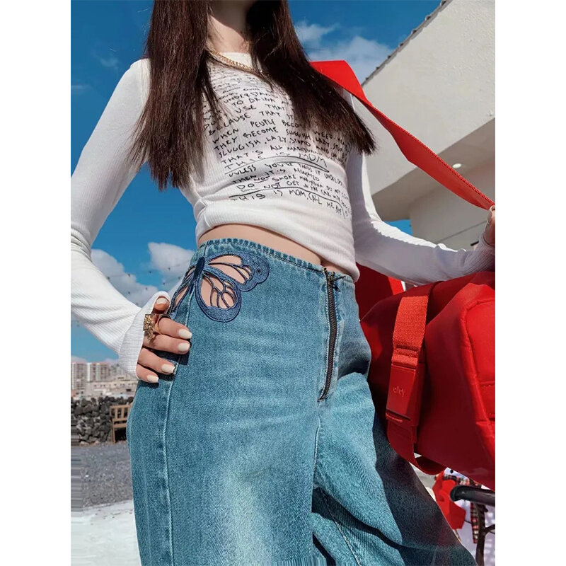 MEXZT-pantalones vaqueros de pierna ancha para mujer, ropa de calle coreana, Pantalones rectos con bordado de mariposa, cintura alta, Y2K