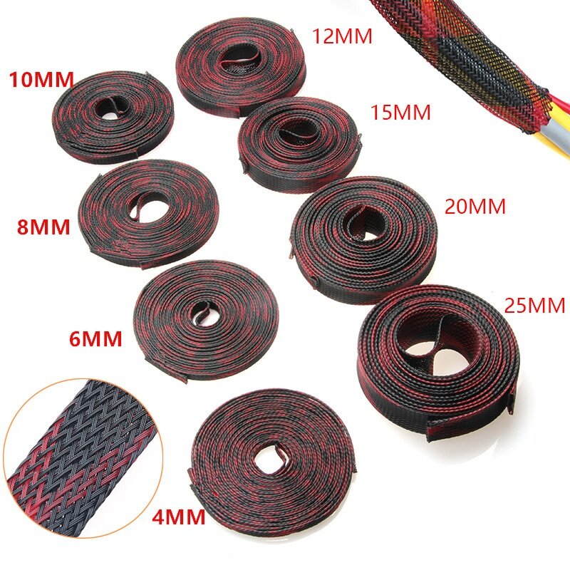 1/ 5/10M Insulation Braided Sleeves 4/6/8/10/12/15/20/25mm Tight PET Expandable Cable Sleeve Wire Cable Protection Red & Black