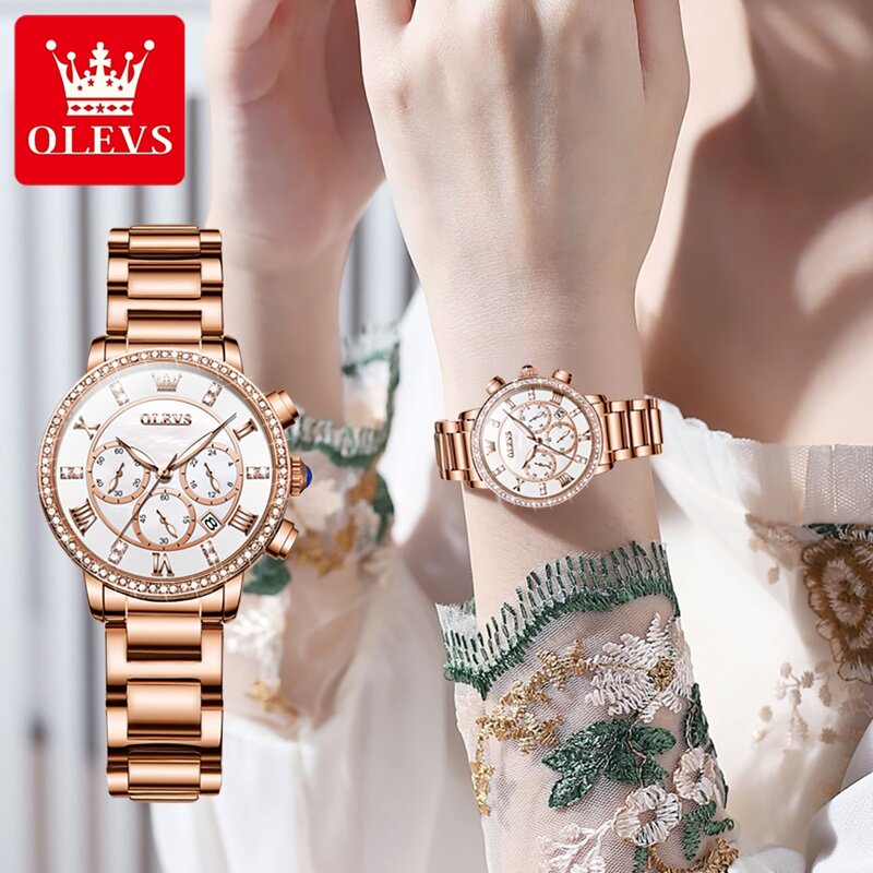 OLEVS-Montre à Quartz de Luxe pour Femme, Bracelet Or Rose, Acier Inoxydable, Étanche, Chronographe, Mode
