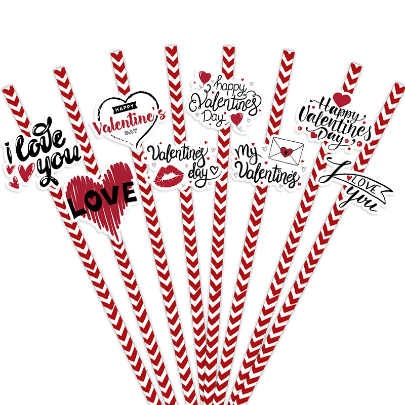 24 Stuks Valentijnsdag Rode Witte Strepen Wegwerp Papieren Rietjes Verjaardagsfeestje Evenement Levert Biologisch Afbreekbare Rietjes