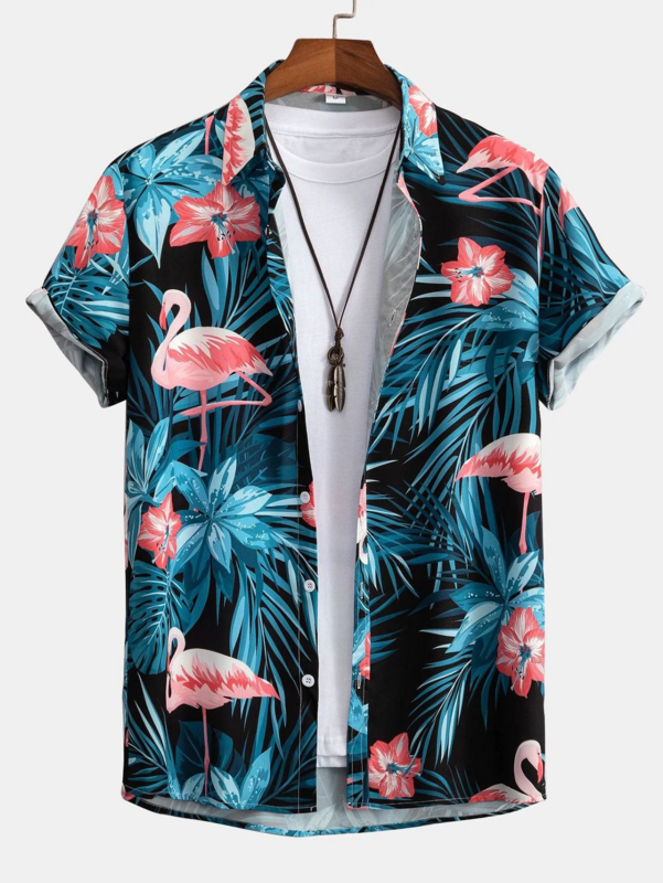 Summer seaside men's and women's versatile tops with buttons, tops, botanical floral print design short-sleeved fashion shirts