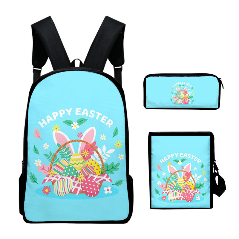 Mochila escolar com impressão 3d de dia de Páscoa, conjunto de 3 peças, mochila, bolsa para laptop, bolsa de ombro, estojo
