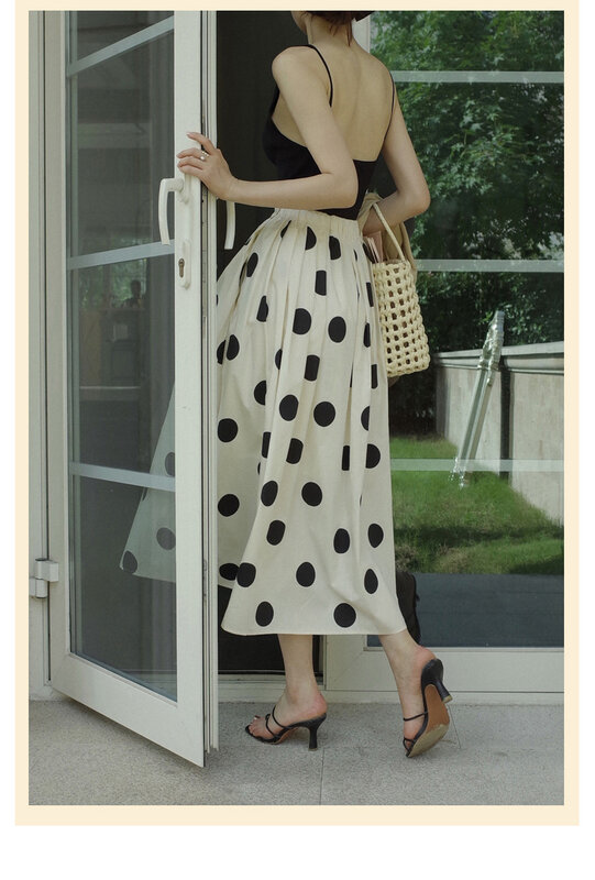Women's 2024 Summer French Retro Pleated Umbrella Skirt Elegant Holiday Apricot Yellow High Waist Polka Dot Skirt