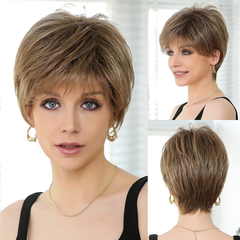 Parrucche corte con taglio Pixie marrone chiaro per le donne parrucche Bob a strati dritti con frangia capelli naturali quotidiani Kanekalon parrucca sintetica da donna