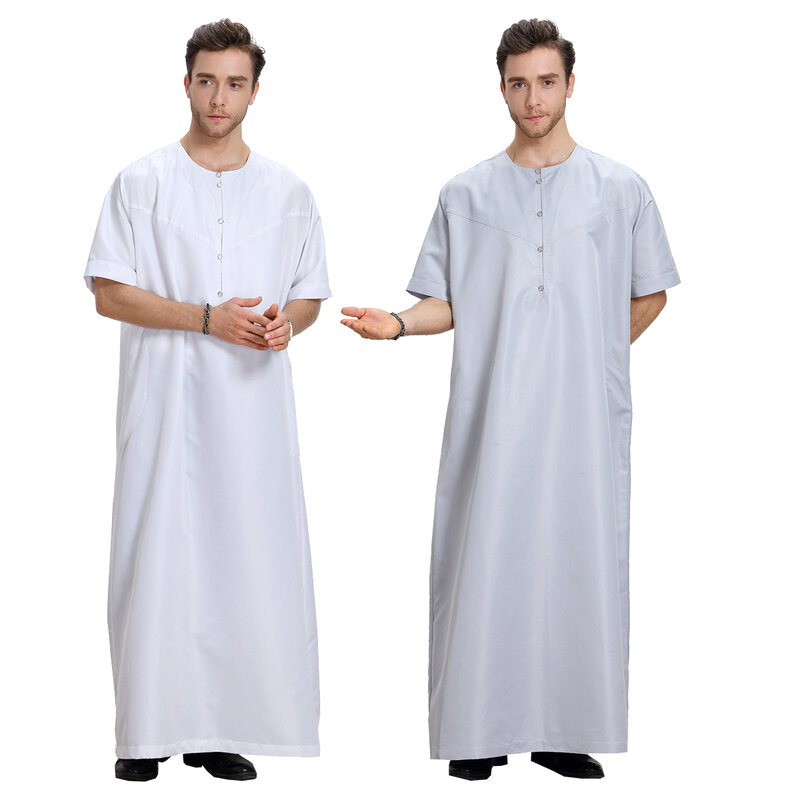 Robe Arabe à Manches Courtes et Col Rond pour Homme Musulman, Vêtement d'Été à lèvent, Longueur Rinçage, pour le Ramadan et l'Aïd