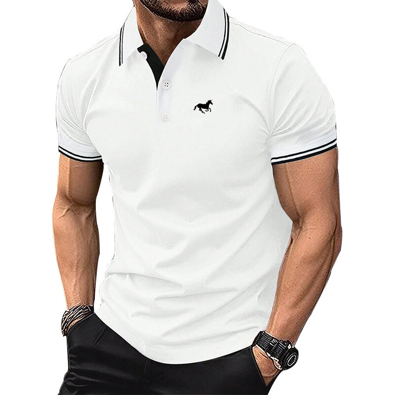 남성용 슬림핏 반팔 스포츠 라펠 폴로 셔츠, 100% 폴리에스터, 빠른 건조, 로고 프린트, 여름