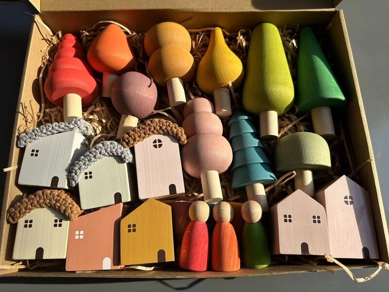 Blocos de construção de madeira pastel nórdico para crianças, brinquedos empilháveis, animais, arco-íris, floresta, árvores, casa, nórdico