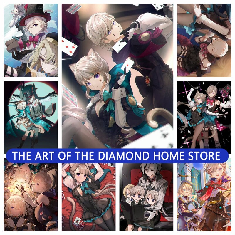 Genshin Impact Linny i Linnett Anime 5D DIY AB diamentowy zestawy do malowania kreskówka krzyż ścieg haft obrazek mozaika do dekoracji domu
